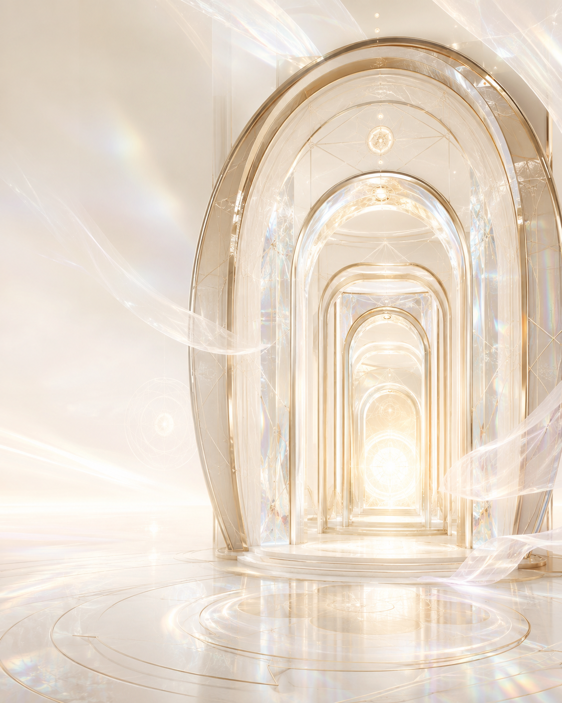 Luminous pearl and champagne-gold architectural portal representing House 7.83